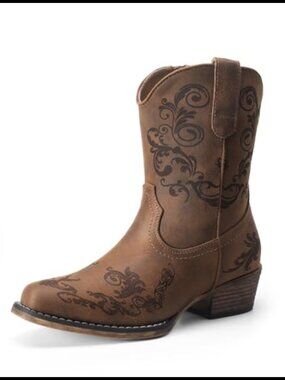 Cowboy Boots Square Toe Low Chunky Heel Vegan Leather Ankle Boots